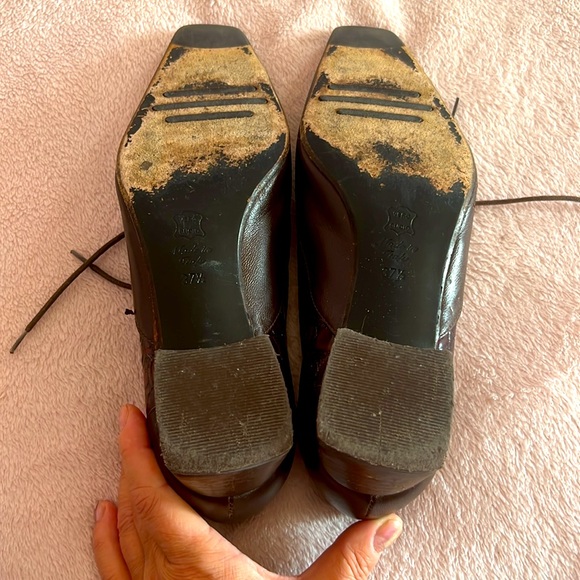 37.5 Made in Italy Leather Shoes Square Toe Low Chunky Heels Laces - Picture 11 of 12